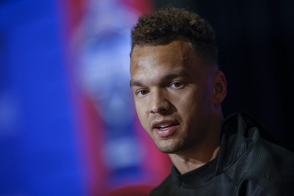 Quaterback Desmond Ridder speaks during NFL Draft Combine.