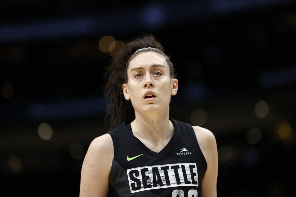 Breanna Stewart Seattle Storm looks on against the Minnesota Lynx.
