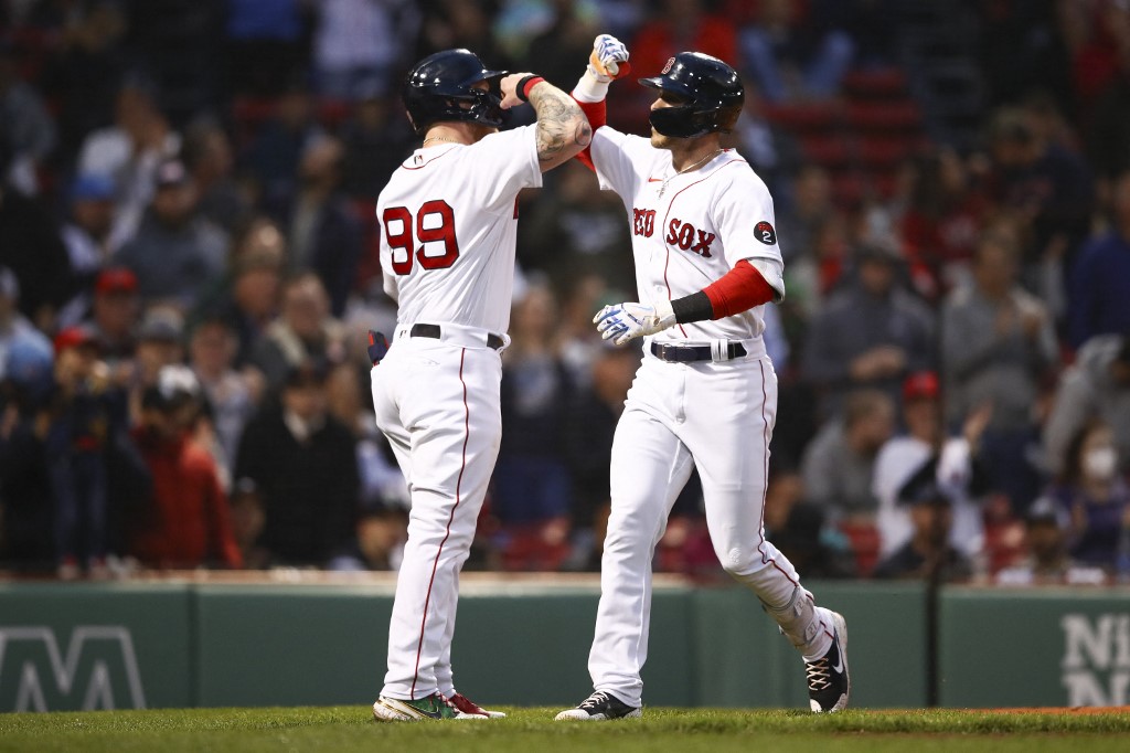 Trevor Story Boston Red Sox with Alex Verdugo home run against Seattle Mariners baseball