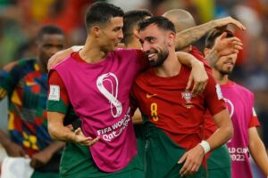 Portugal's Cristiano Ronaldo and Bruno Fernandes