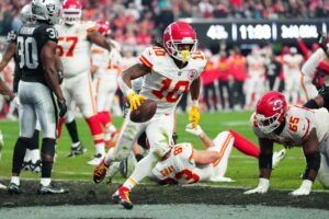 Running back Isiah Pacheco #10 of the Kansas City Chiefs