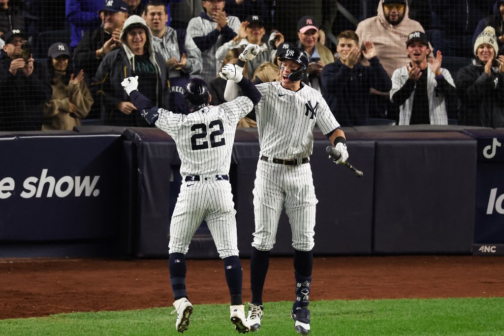 Harrison Bader New York Yankees Celebrates With Aaron Judge