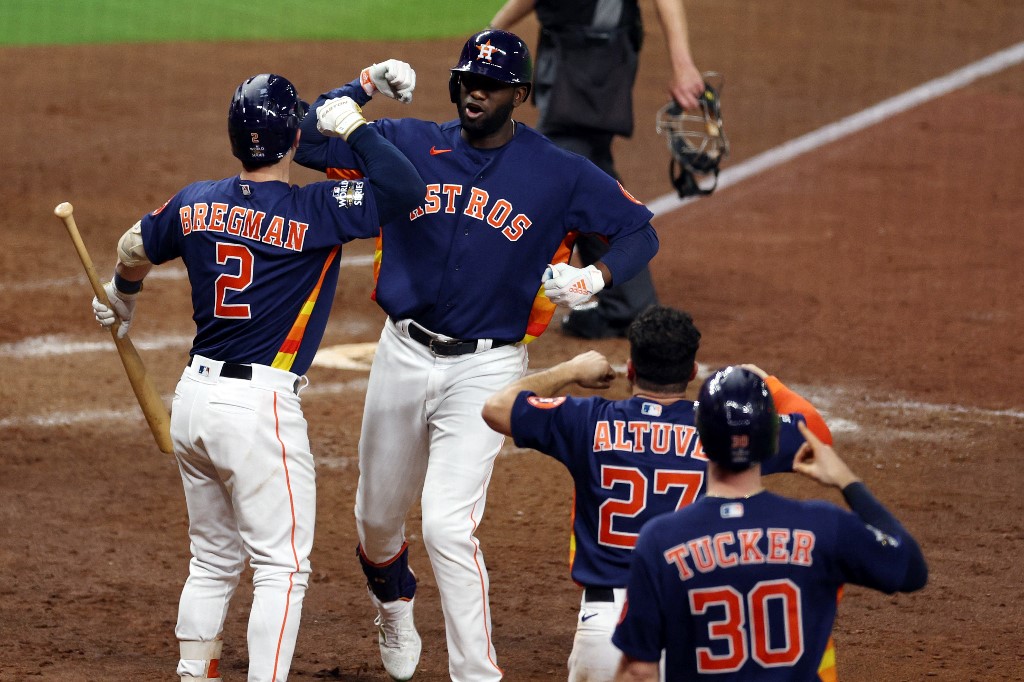 Yordan Alvarez Houston Astros Celebrates With Teammate Alex Bregman