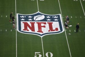 The NFL logo at So-Fi Stadium in Inglewood, California.