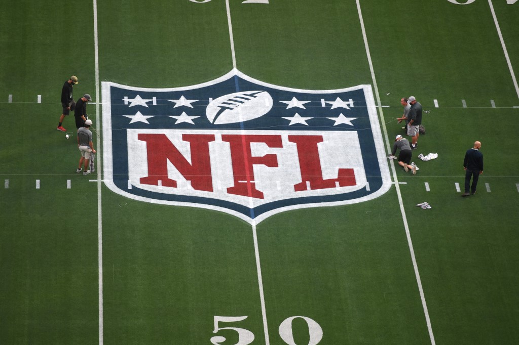 The NFL logo at So-Fi Stadium in Inglewood, California.