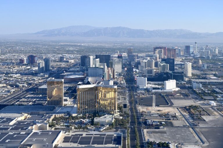 An aerial view of the Las Vegas strip hotels are seen in Las Vegas, Nevada.