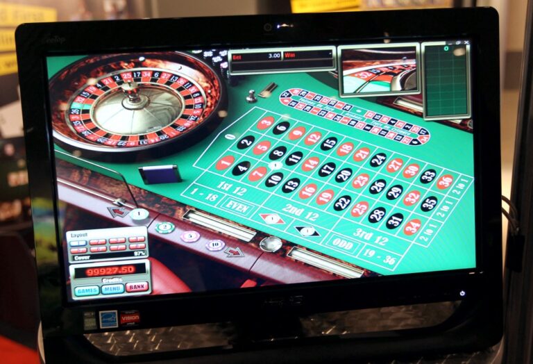 A screen showing a virtual roulette table during a professional online gaming and betting convention.