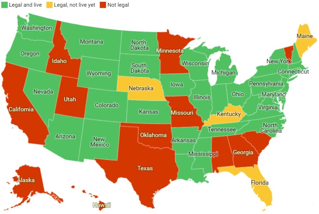 U.S. Sports Betting Map of Current Legal Betting States