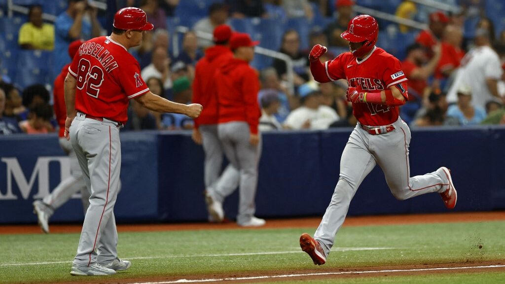 Logan-OHoppe-14-of-the-Los-Angeles-Angels-is-congratulated-after-hitting-a-home-run-in-the-fourth-inning-during-a-game-against-the-Tampa-Bay-Rays-aspect-ratio-16-9