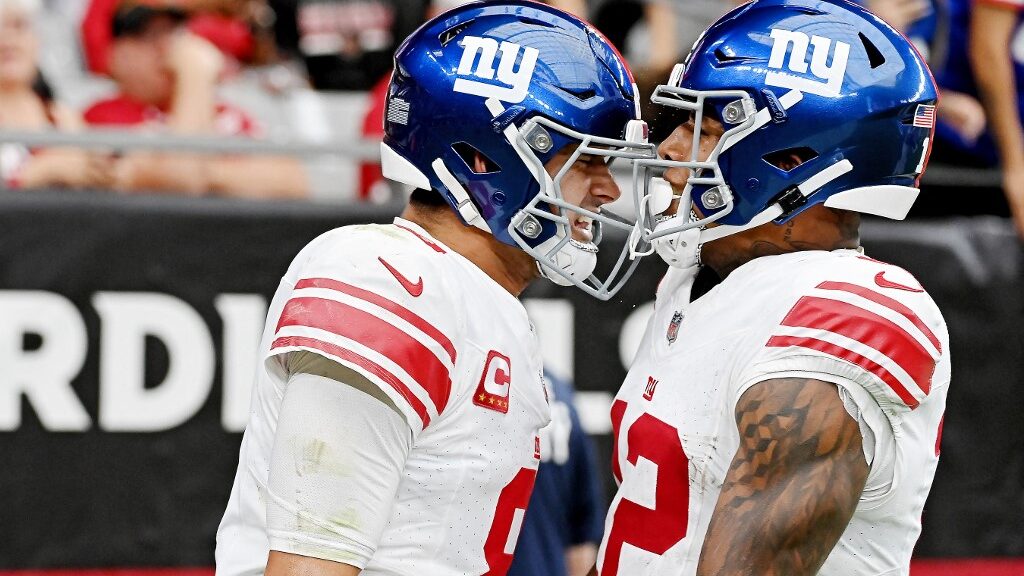 Daniel-Jones-8-of-the-New-York-Giants-celebrates-a-touchdown-with-Darren-Waller-12-during-the-third-quarter-in-the-game-against-the-Arizona-Cardinals-aspect-ratio-16-9