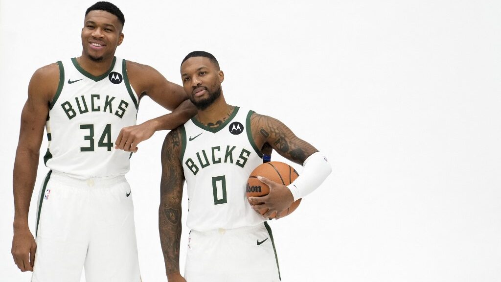 Giannis-Antetokounmpo-34-and-Damian-Lillard-0-of-the-Milwaukee-Bucks-pose-for-portraits-during-media-day-on-October-02-2023-aspect-ratio-16-9