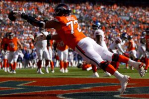 Garett Bolles #72 of the Denver Broncos fails to catch a pass against the New York Giants.