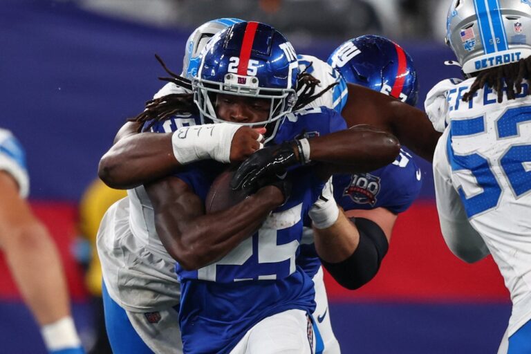 Giants vs. Lions action from August 8, 2024. Ahead of Sunday’s rematch, see our NFL Odds Week 12 before kickoff.