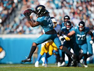 Jakobi Meyers #3 of the Jacksonville Jaguars catches a pass during the third quarter against the Los Angeles Chargers.