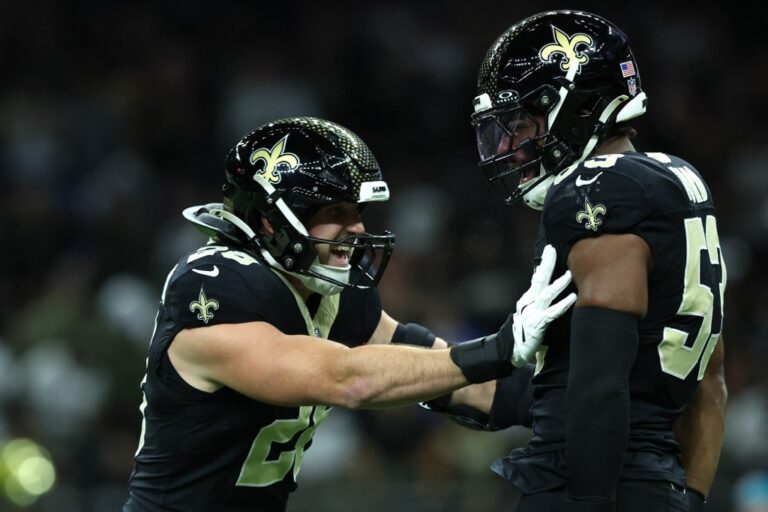 Danny Stutsman #28 and Jaylan Ford #53 of the New Orleans Saints, one of our NFL picks week 13, react against the Atlanta Falcons.