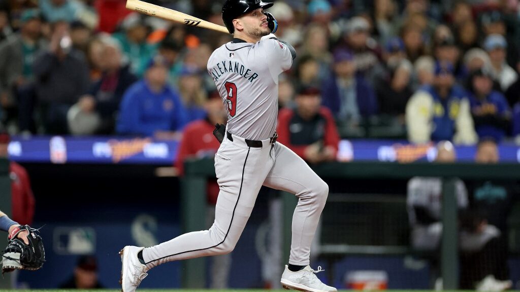 Blaze-Alexander-9-of-the-Arizona-Diamondbacks-watches-his-double-during-the-third-inning-against-the-Seattle-Mariners-at-T-Mobile-Park-on-April-27-2024-aspect-ratio-16-9