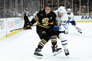David Pastrnak Jake McCabe Toronto Maple Leafs v Boston Bruins