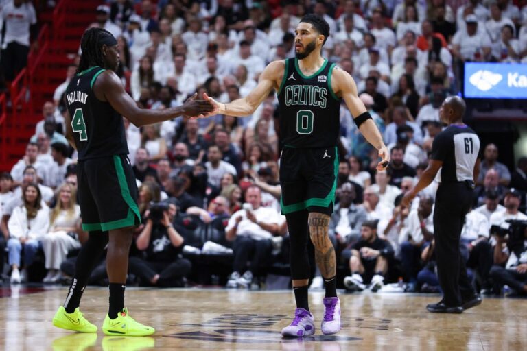 Holiday and Tatum Boston Celtics v Miami Heat