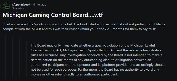 Reddit post on Michigan Gaming Control Board