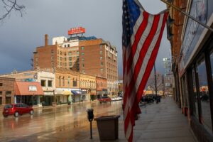 A US flag hangs on a street in South Dakota.