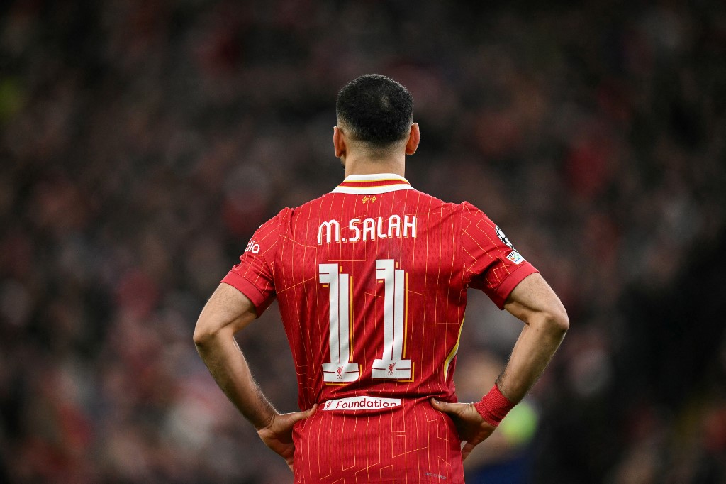 Liverpool's Egyptian striker #11 Mohamed Salah reacts during the last 16 second leg UEFA Champions League football match between Liverpool and Paris Saint-Germain (PSG).