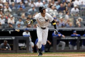Cody Bellinger #35 of the New York Yankees throws his bat after batting against the Toronto Blue Jays