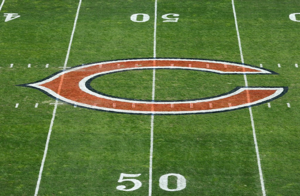 The Chicago Bears midfield logo at Soldier Field in Chicago, Illinois.
