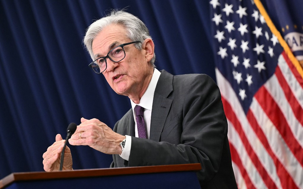 Chair of the US Federal Reserve Jerome Powell speaks during a news conference