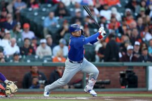 Seiya Suzuki #27 of the Chicago Cubs hits a single against the San Francisco Giants.