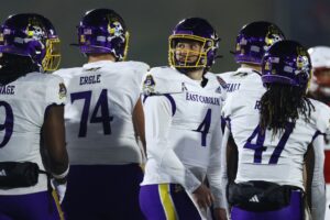 Katin Houser #4 of the East Carolina Pirates looks on during a game against the North Carolina State Wolfpack.
