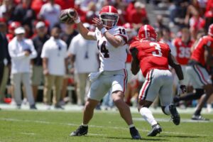 Gunner Stockton #14 of the Georgia Bulldogs passes during the first quarter of the spring G Day game