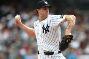 Cam Schlittler #31 of the New York Yankees pitches during the game against the Baltimore Orioles