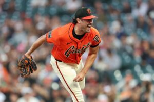 Robbie Ray #38 of the San Francisco Giants pitches against the Baltimore Orioles.