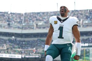 Jalen Hurts #1 of the Philadelphia Eagles reacts prior to the game against the Los Angeles Rams