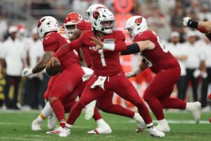 Quarterback Kyler Murray #1 of the Arizona Cardinals drops back to pass against the Kansas City Chiefs.