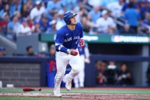 Daulton Varsho #5 of the Toronto Blue Jays runs the bases after a two run home run during the fourth inning in game two of the American League Division Series against the New York Yankees