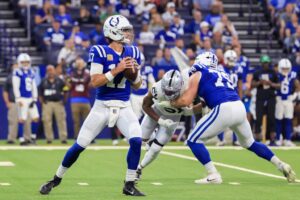 Daniel Jones #17 of the Indianapolis Colts looks to pass during the first quarter against the Las Vegas Raiders