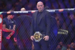 CEO of UFC Dana White looks on after a fight during UFC 313.