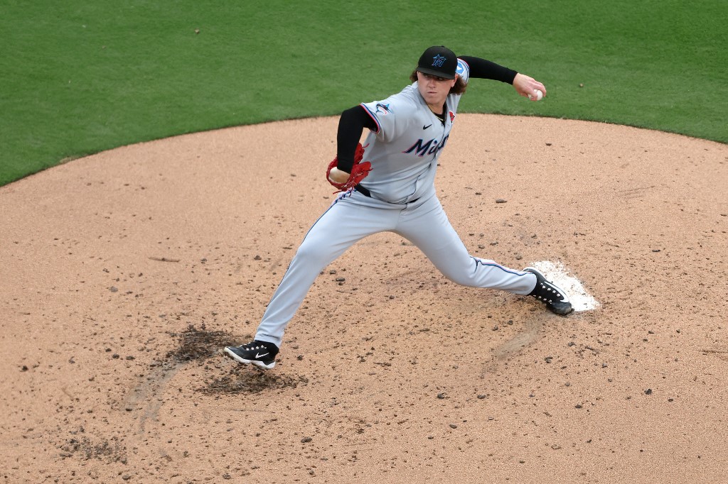 Ryan Weathers #35 of the Miami Marlins pitches against the San Diego Padres