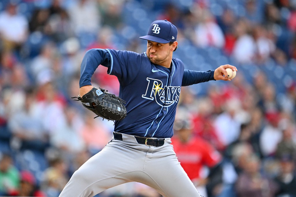 Starting pitcher Ian Seymour #61 of the Tampa Bay Rays pitches against the Cleveland Guardians