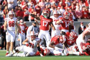 Daniel Ndukwe #17 of the Indiana Hoosiers reacts after a play during a game. The Hoosiers are featured in our college football conference winner predictions, so consider taking them before the odds cahnge.