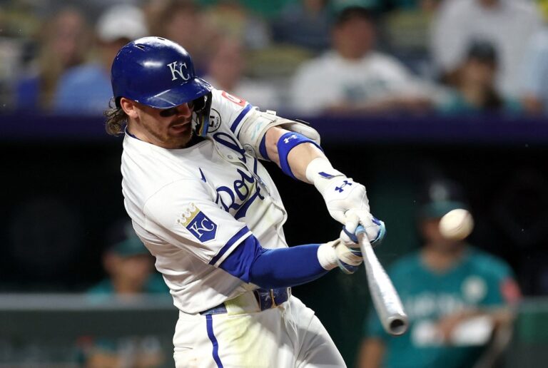 Bobby Witt Jr. of the Kansas City Royals bats against the Seattle Mariners