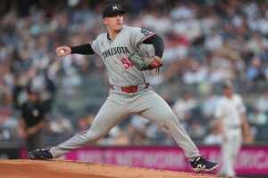 Zebby Matthews #52 of the Minnesota Twins throws a pitch during the first inning of the game against the New York Yankees