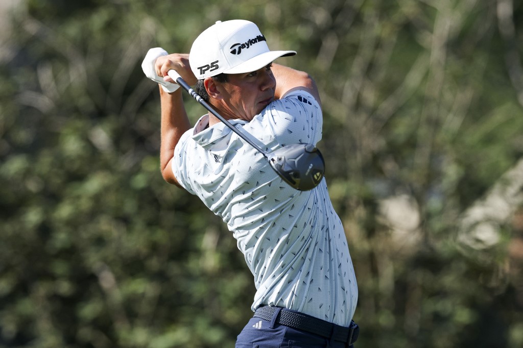 Michael Thorbjornsen hits a tee shot on the 14th hole during the second round of the ISCO Championship 2025