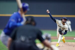Freddy Peralta #51 of the Milwaukee Brewers throws a pitch in the first inning against the Chicago Cubs