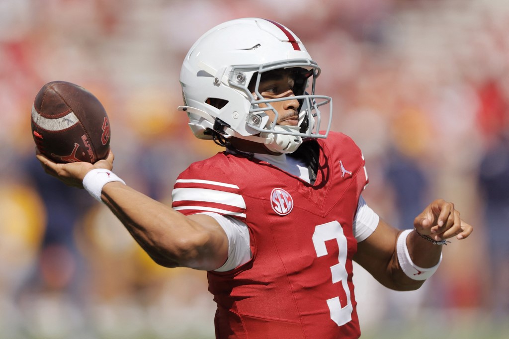 Hawkins Jr. #3 of the Oklahoma Sooners throws a pass before the game against the Kent State Golden Flashes