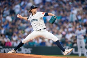 Starter Logan Gilbert #36 of the Seattle Mariners delivers a pitch during the first inning of a game against the Los Angeles Dodgers.