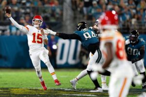 Patrick Mahomes #15 of the Kansas City Chiefs throws a pass against the Jacksonville Jaguars