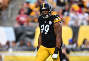 Derrick Harmon #99 of the Pittsburgh Steelers celebrates during the game against the Tampa Bay Buccaneers.