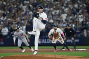 George Kirby #68 of the Seattle Mariners delivers the pitch against the Detroit Tigers